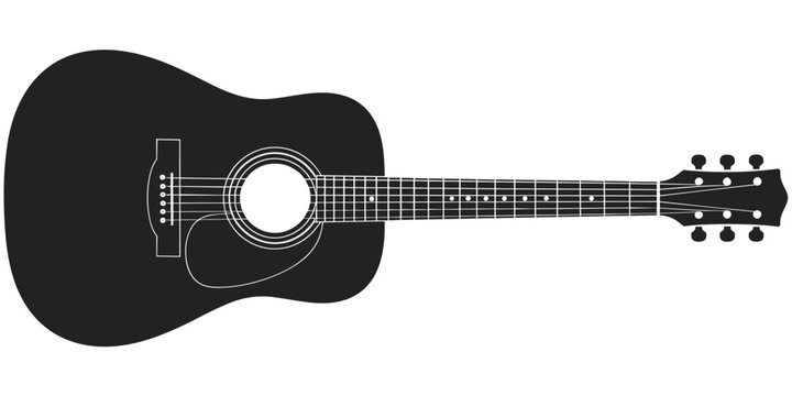 Acoustic guitar silhouette with sound hole, strings, frets, headstock and tuning pegs, musical instrument artwork design, flat vector illustration