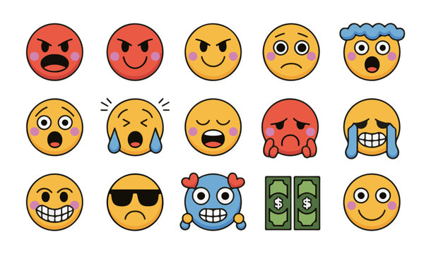 Colorful emoticon set with different moods and funny facial expressions isolated on white background.