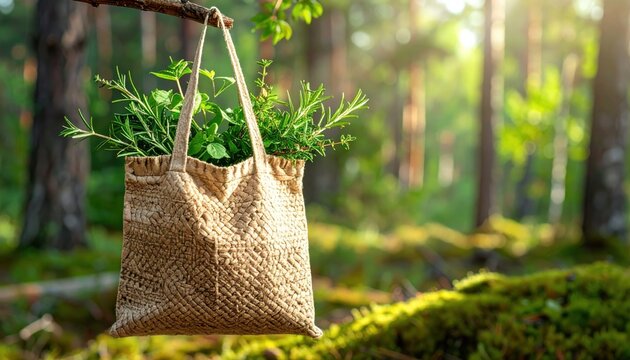 A woven cloth bag filled with fresh green herbs like rosemary and thyme hanging on a tree branch in a sunlit forest, showcasing a rustic and natural foraging lifestyle.