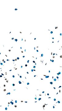 silver and Blue Confetti Falling Slowly for Celebration - 3D rendering vertical video