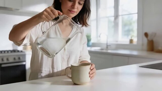 Bringing pitcher forward, woman in white shirt pouring water into mug at kitchen counter to fill