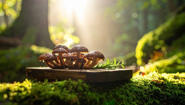 Fresh foraged wild mushrooms with glistening brown caps resting on a mossy wooden log in the soft morning forest sunlight.