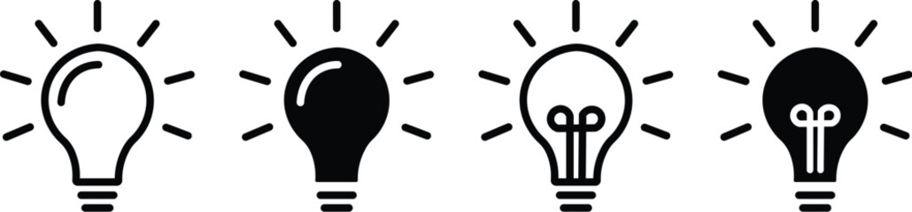 A set of four minimalist light bulb icons in black and white, representing ideas and innovation. The collection features outline and solid versions, some with visible filaments and shining light rays. © Rifat
