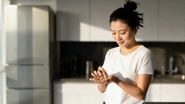 Holding handful, woman in white shirt checking bright candies in kitchen pouring packet to taste