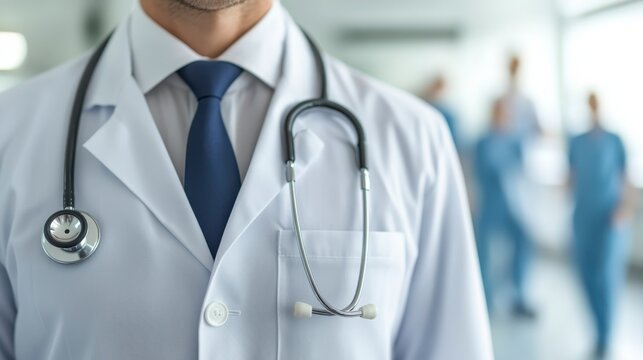 A doctor in a white coat with a stethoscope around his neck, blurred medical staff in the background, representing healthcare professionals.