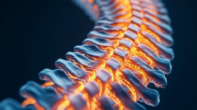 Close-up 3D rendering of a human spine with glowing orange highlights along the vertebrae, symbolizing nerve activity and spinal health.