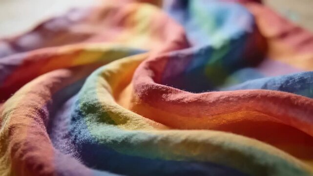 Pulling focus camera revealing woven texture on rainbow cloth on tabletop near diffused light