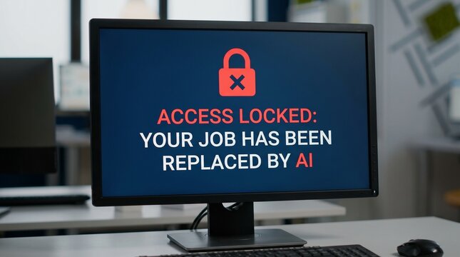 A monitor shows "ACCESS LOCKED: YOUR JOB HAS BEEN REPLACED BY AI." It serves as a chilling metaphor for modern existential dread and the cold, impersonal nature of automation and unemployment.