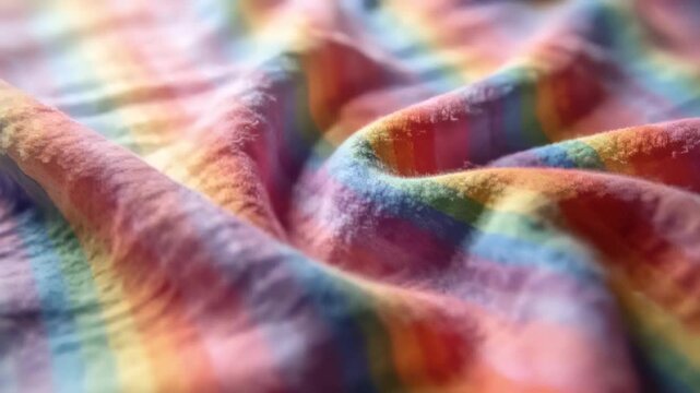 Pulling focus, camera revealing rainbow-striped cloth texture on bed, folds settling softly