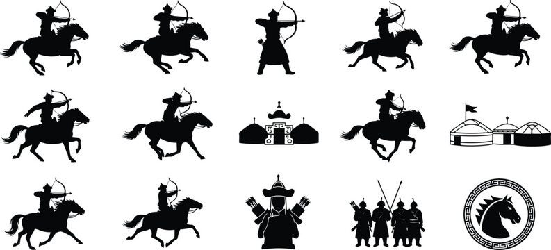 Mongolian warrior silhouettes, mounted archers, foot archer, spear soldiers, yurts, horse emblem, traditional culture, nomadic heritage, Central Asian battle illustration