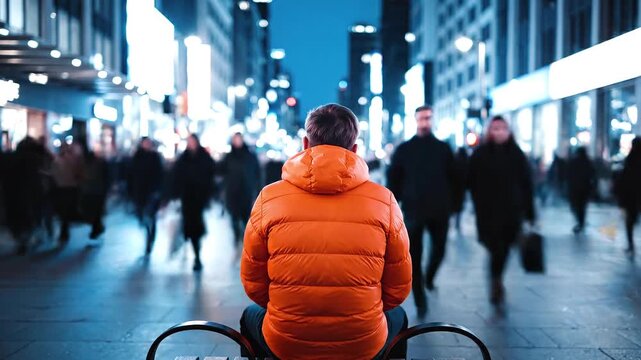 Man wearing bright orange jacket sitting on bench watching busy urban street life motion in this city night video footage
