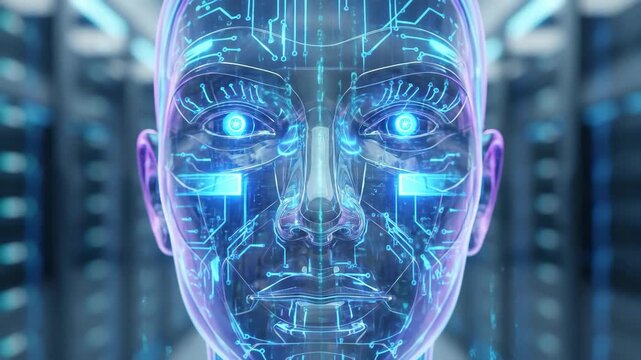 A digital human head with cascading binary code streams and glowing edges, layered depth, cool futuristic tones, sleek intelligent atmosphere, ultra-realistic, no logos.