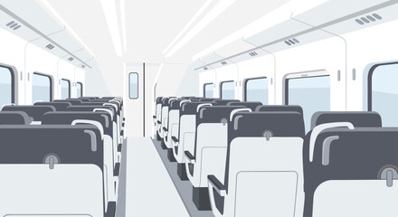 Fototapeta premium The interior cabin of a modern passenger train featuring rows of dark gray seats and neutral flooring captured in a minimalist flat vector illustration style.