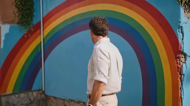 Seeing damaged patch, walking man in beige shirt checking rainbow mural on street, vine, copy space