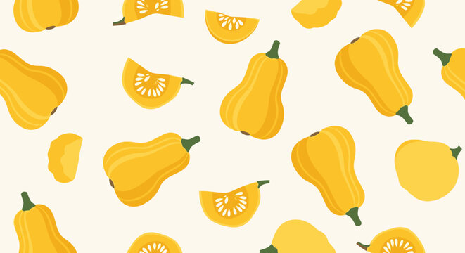 Seamless pattern of whole and sliced butternut squash or pumpkins in yellow and orange tones on a clean white background.