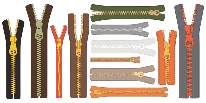 Zippers, colorful textile fasteners, fashion accessories, clothing hardware, detailed teeth, sliders, pull tabs, garment design, sewing elements, flat vector illustration