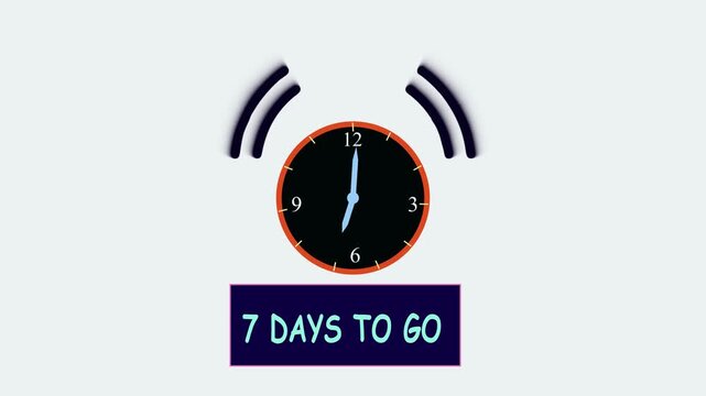 Timer number 7 days to go countdown motion template on white background. Motion graphic Animated alarm clock ringing showing .