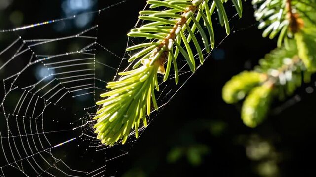 Drifting spruce needle cluster and orb spider web shimmering as breeze moving twig and sun shifting