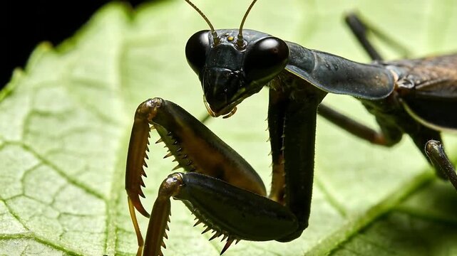 Foreleg approaching, dark praying mantis cleaning foreleg on green leaf, serrated spines