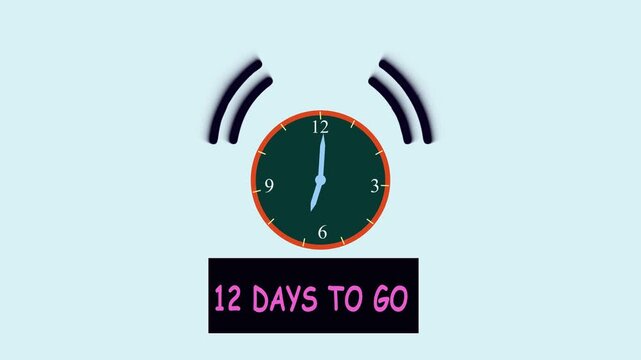 Timer number 12 days to go countdown motion template on white background. Animated alarm clock ringing showing Motion graphic.	