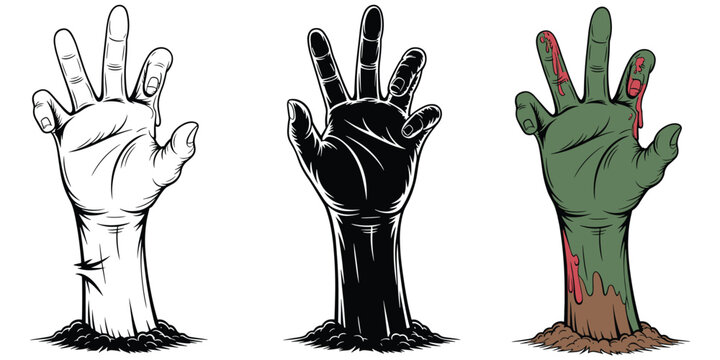 Zombie hand emerging from ground with outline, silhouette and colored version, horror Halloween artwork design concept illustration, flat vector illustration