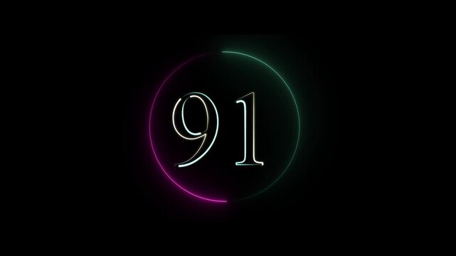 abstract 91 Number text Neon animation on black background