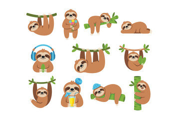 Obraz premium Cute Sloth Hanging on Tree Branch Cartoon Illustration