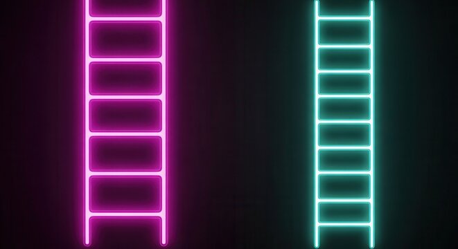 Two neon ladders glowing pink and blue on a dark background