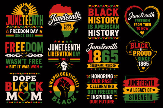 A collection of twelve vibrant Juneteenth-themed graphic designs celebrating freedom, Black history, and pride, featuring text, symbols, and Pan-African colors.