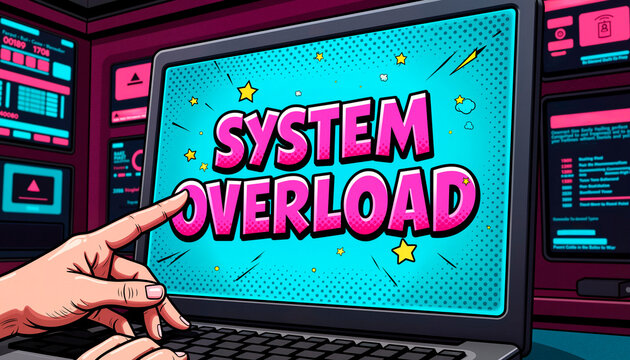 A man points in horror at the computer screen, where the system reboot message has reappeared, Comic Pop Art style.