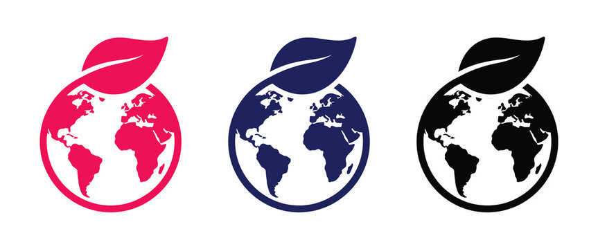 A set of colorful eco friendly globe icons with leaves on top in pink blue and black