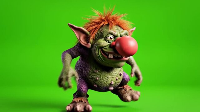 An ugly cartoon troll character with orange hair and a big red nose against an ugly cartoon green screen background