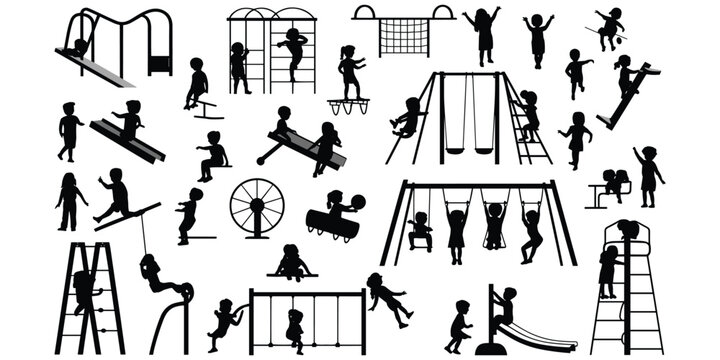 Children silhouettes playing on playground equipment including swings, slides, seesaws, climbing frames, monkey bars, joyful outdoor activity artwork, flat vector illustration
