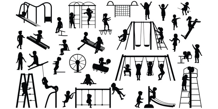 Children silhouettes playing on playground equipment including slides, swings, seesaws, climbing frames, monkey bars, joyful outdoor activity artwork, flat vector illustration