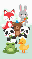 Obraz premium A charming collection of cute cartoon animals, including a fox, bear, panda, rabbit, duckling, and frog, gathered together in a whimsical, light green setting, possibly for a celebration.