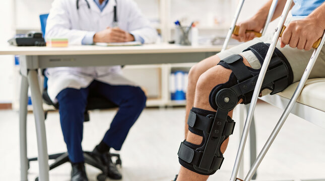A person sits on an examination table with a knee brace and crutches. A doctor is seated at a desk, discussing the patient's recovery and treatment options
