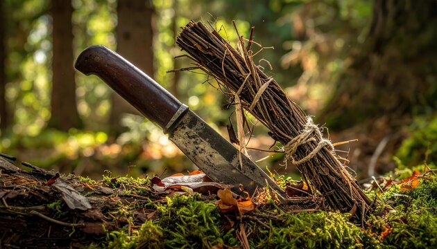A hand forged metal machete with a worn leather grip leaning against a rustic bundle of small sticks, captured in a serene mossy forest setting, emphasizing traditional craftsmanship.