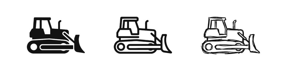 Bulldozer Construction Vehicle Icons Set for Industrial Work © drawing lines