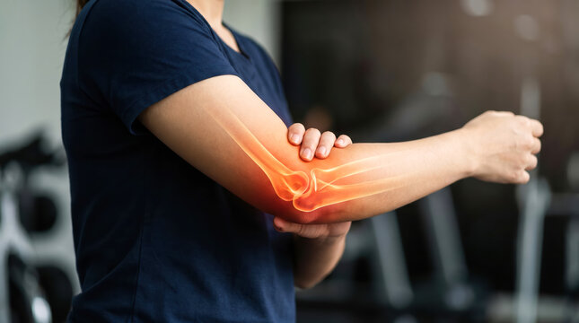 A person is holding their arm near the elbow, showing signs of discomfort. The setting is a gym, where physical fitness activities take place. The focus is on the arm's joint