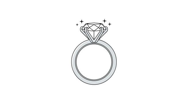 A black and white line art illustration of a classic solitaire diamond engagement ring with four shimmering star accents presented against a clean white background aesthetic.