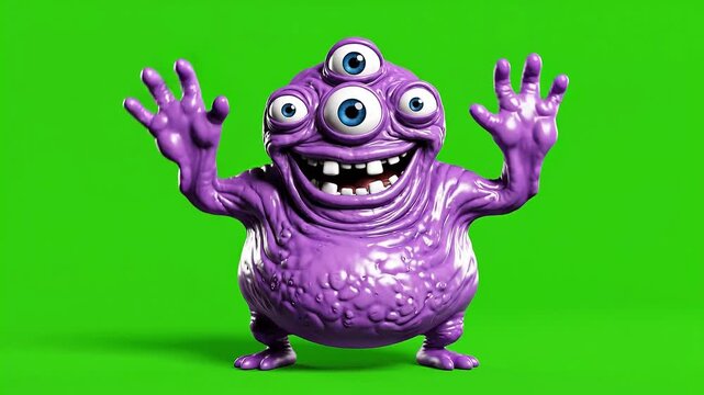 An ugly cartoon three-eyed monster with a big grin, rendered as an ugly animation against an ugly cartoon green screen