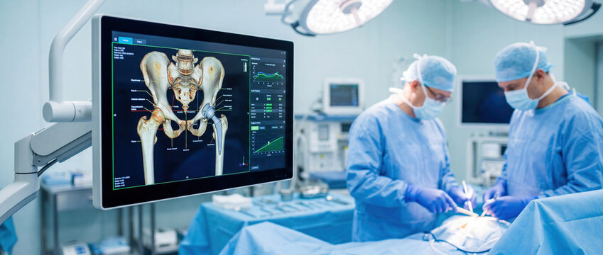 Two surgeons are focused on performing a hip surgery in an operating room. A screen shows important medical data and images related to the procedure