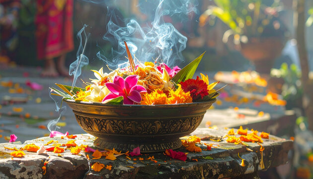 Colorful Flowers with Incense Smoke Ritual Scene
