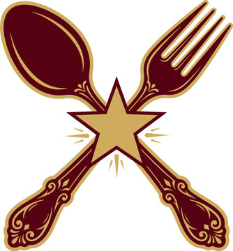 Spoon and fork crossed over star symbol for restaurant food service cuisine gourmet dining.