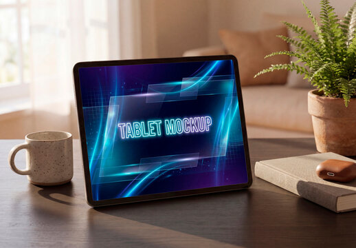 Tablet mockup on desk with blank screen in cozy home setting