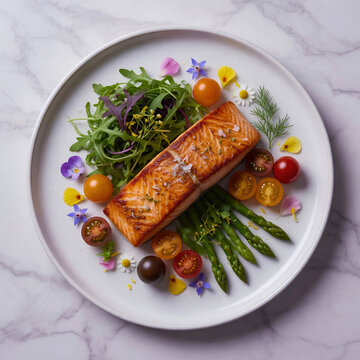 Vibrant Serving Fish Salmon with Edible Flowers Gourmet Style
