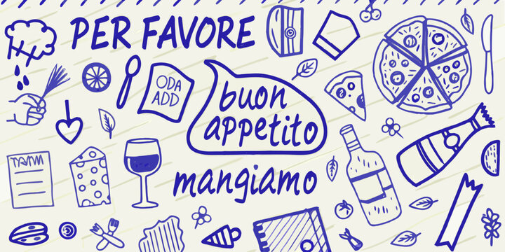hand drawn illustration of italian food items with phrases on beige background high quality professional