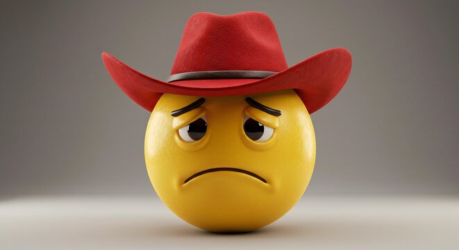 A concerned emoji character wearing a red cowboy hat sits on a surface indoors.