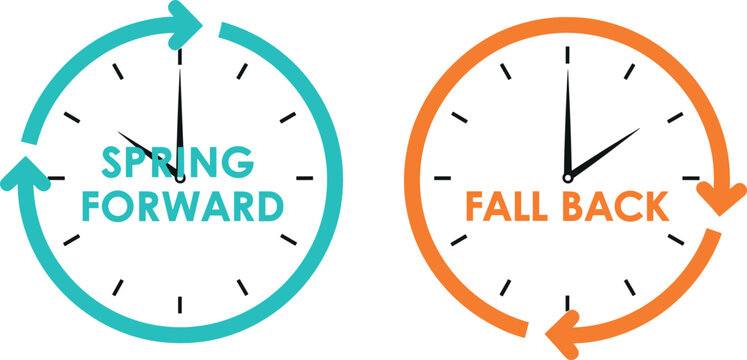 Daylight Saving Time Clock Icons for Spring Forward and Fall Back Time Changes in Digital Design