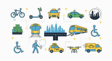 Fototapeta premium Diverse collection of modern transportation methods and urban mobility concepts, including bicycles, scooters, cars, trains, drones, and accessibility symbols.